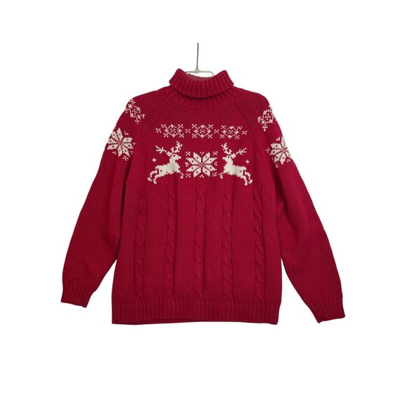 Vintage Land's End Women's Red Sweater Christmas Reindeer Snowflake Turtleneck - Picture 7 of 13